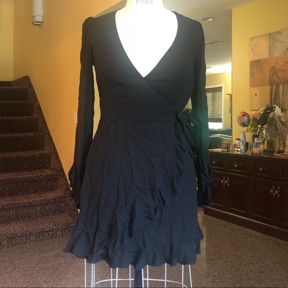 BLACK LONG SLEEVE cocktail WRAP rayon mini DRESS - Picture 2 of 6